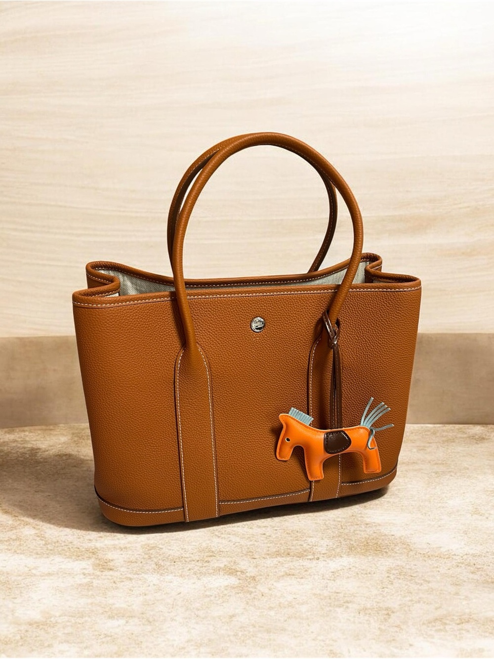 Classic Tan Leather Tote with Horse Charm - Women Bags